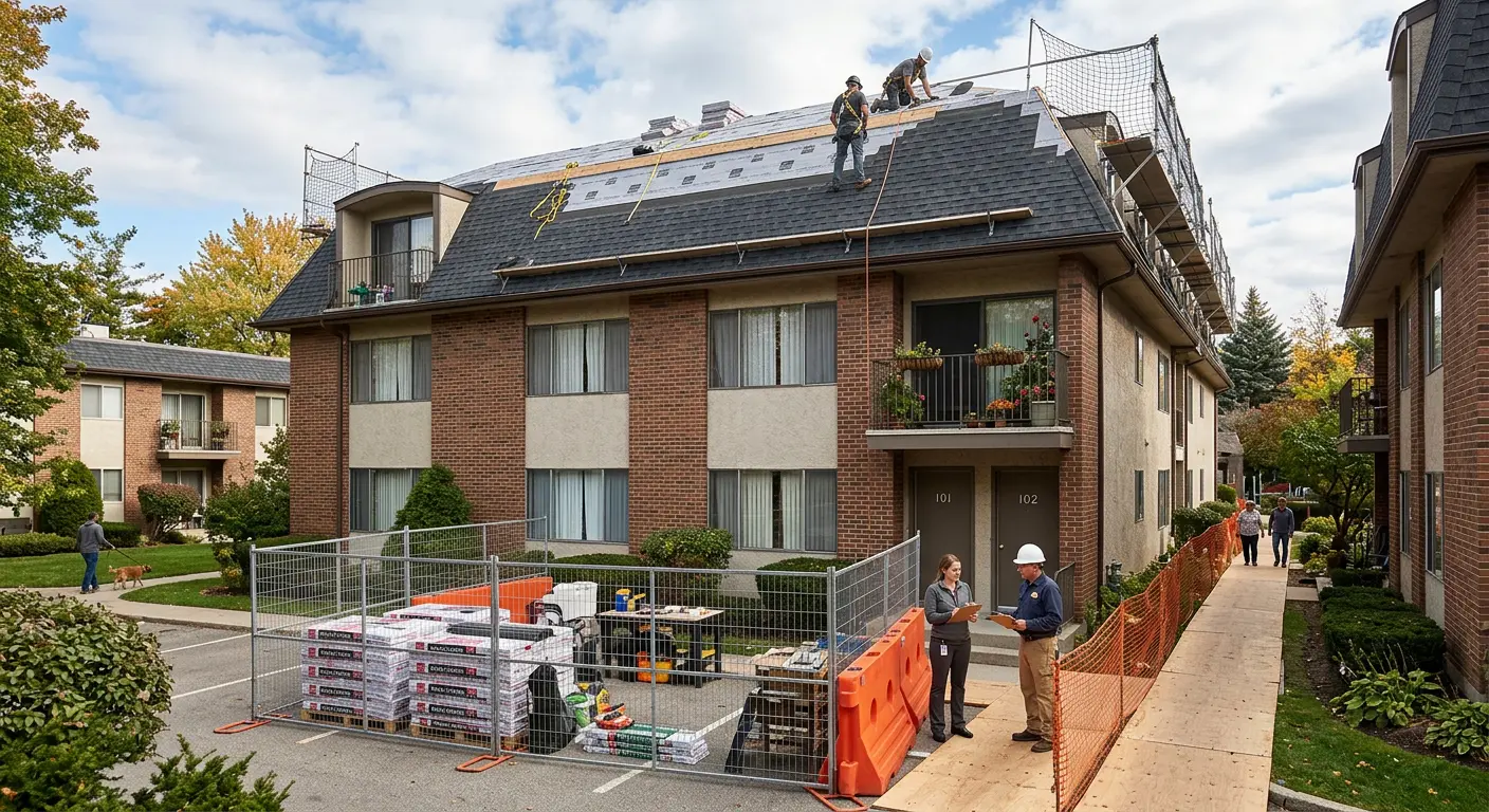 Occupied three-story apartment building roof replacement with staging and residents in courtyard