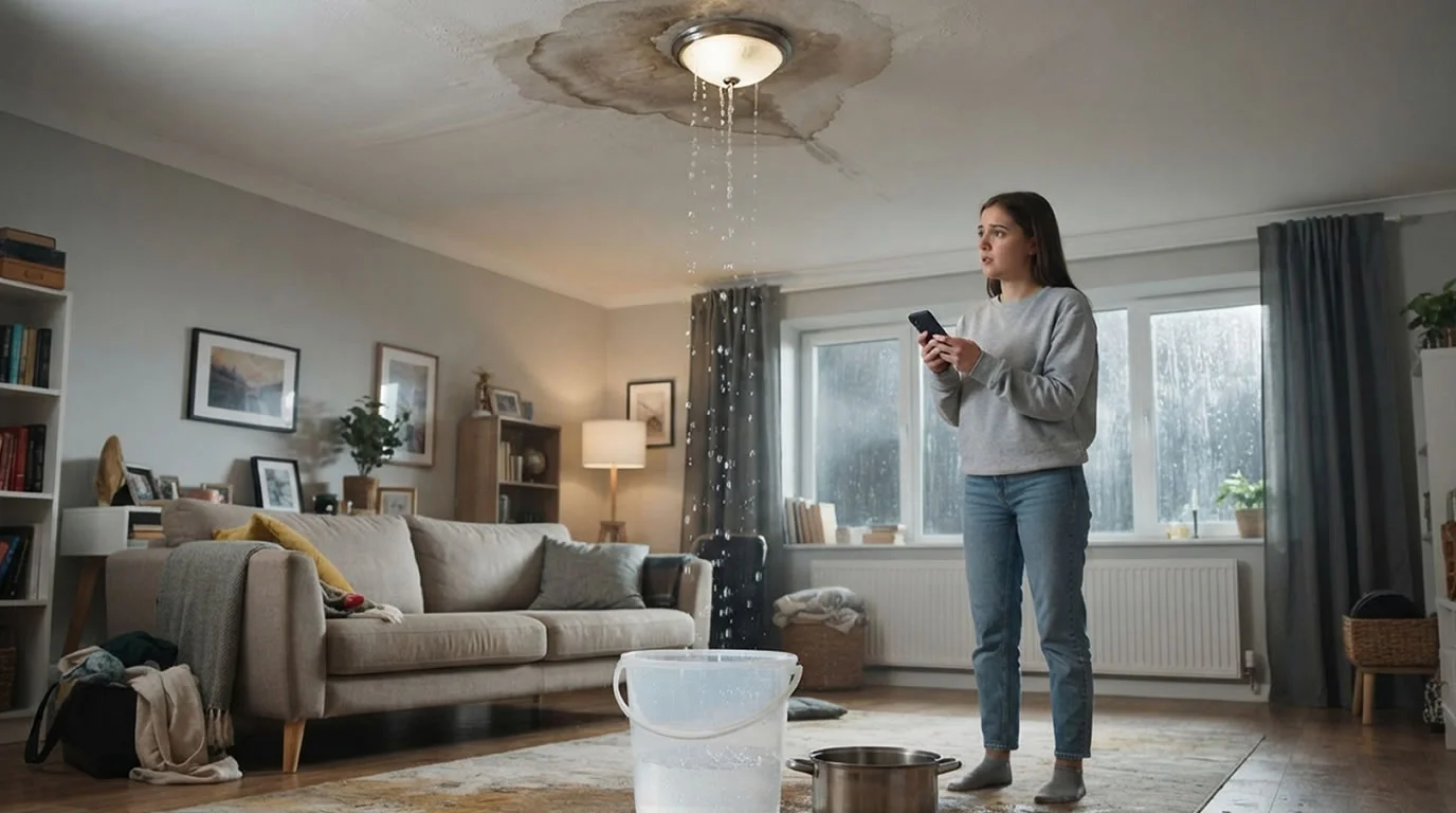 Water stain on ceiling, drip into orange bucket in occupied living room.