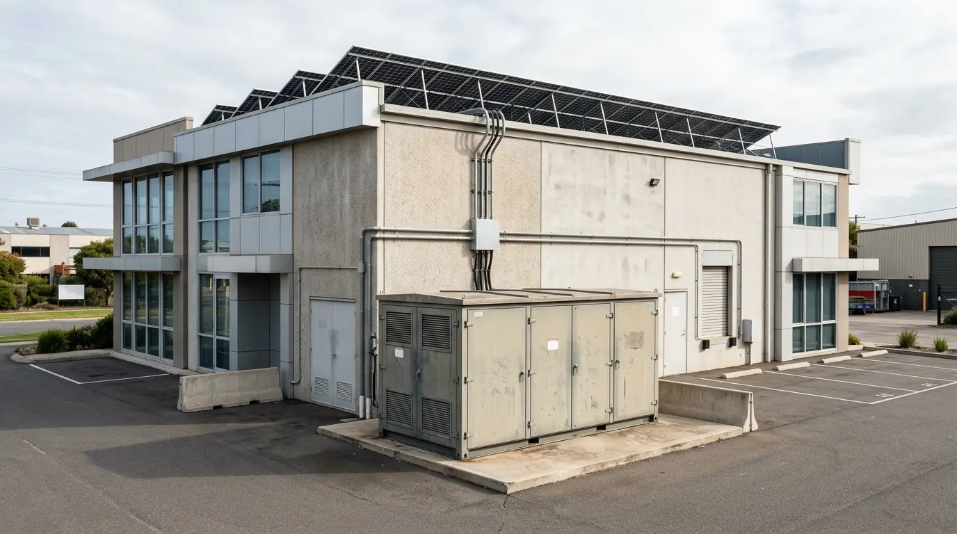 Commercial building with rooftop solar and ground-level battery storage enclosure