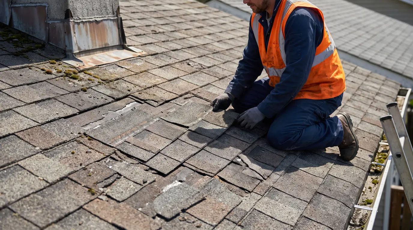 Aged asphalt roof with lifted shingle patch and widespread weathering, roofer inspecting.