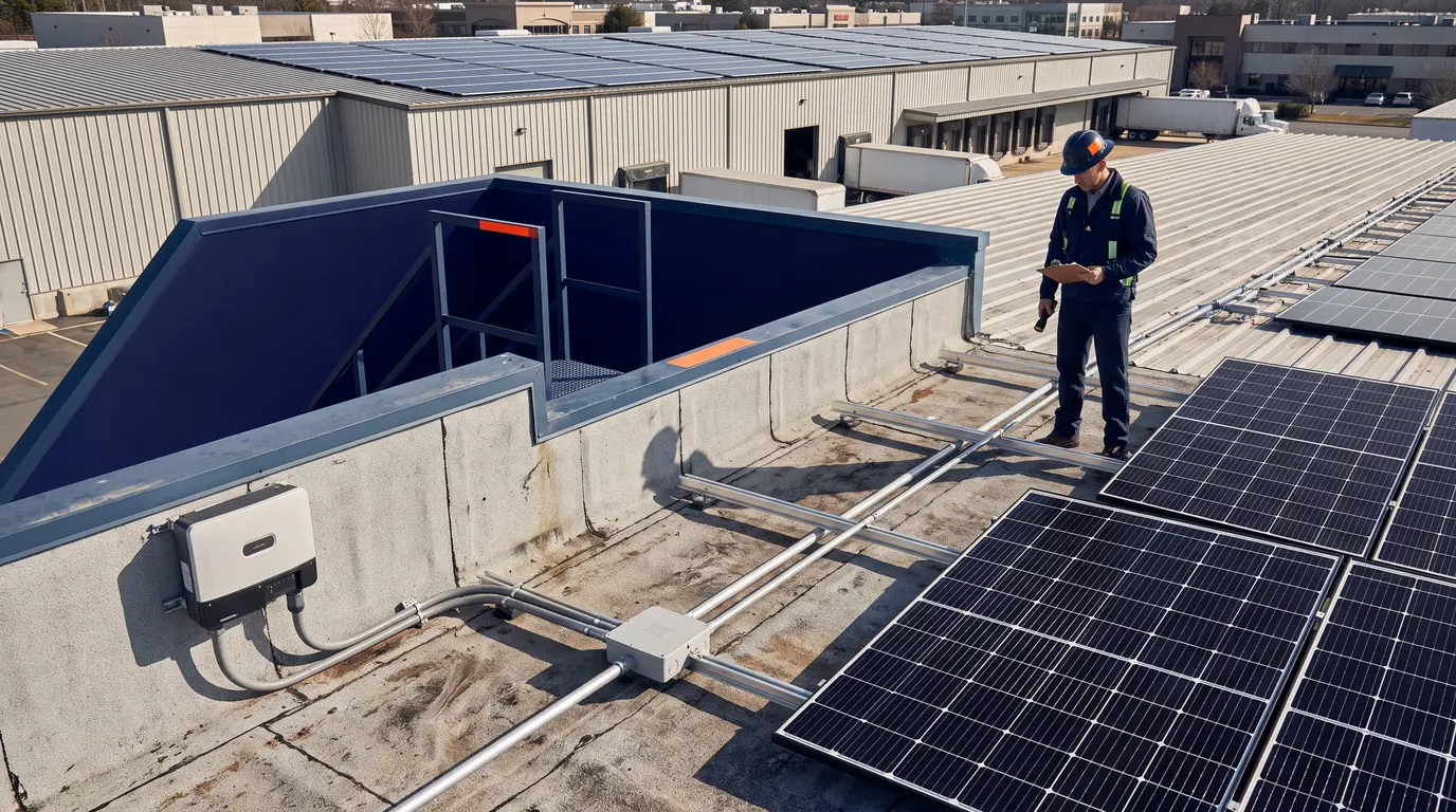 Rooftop solar array with panels, inverter, and inspector examining mount on weathered commercial roof