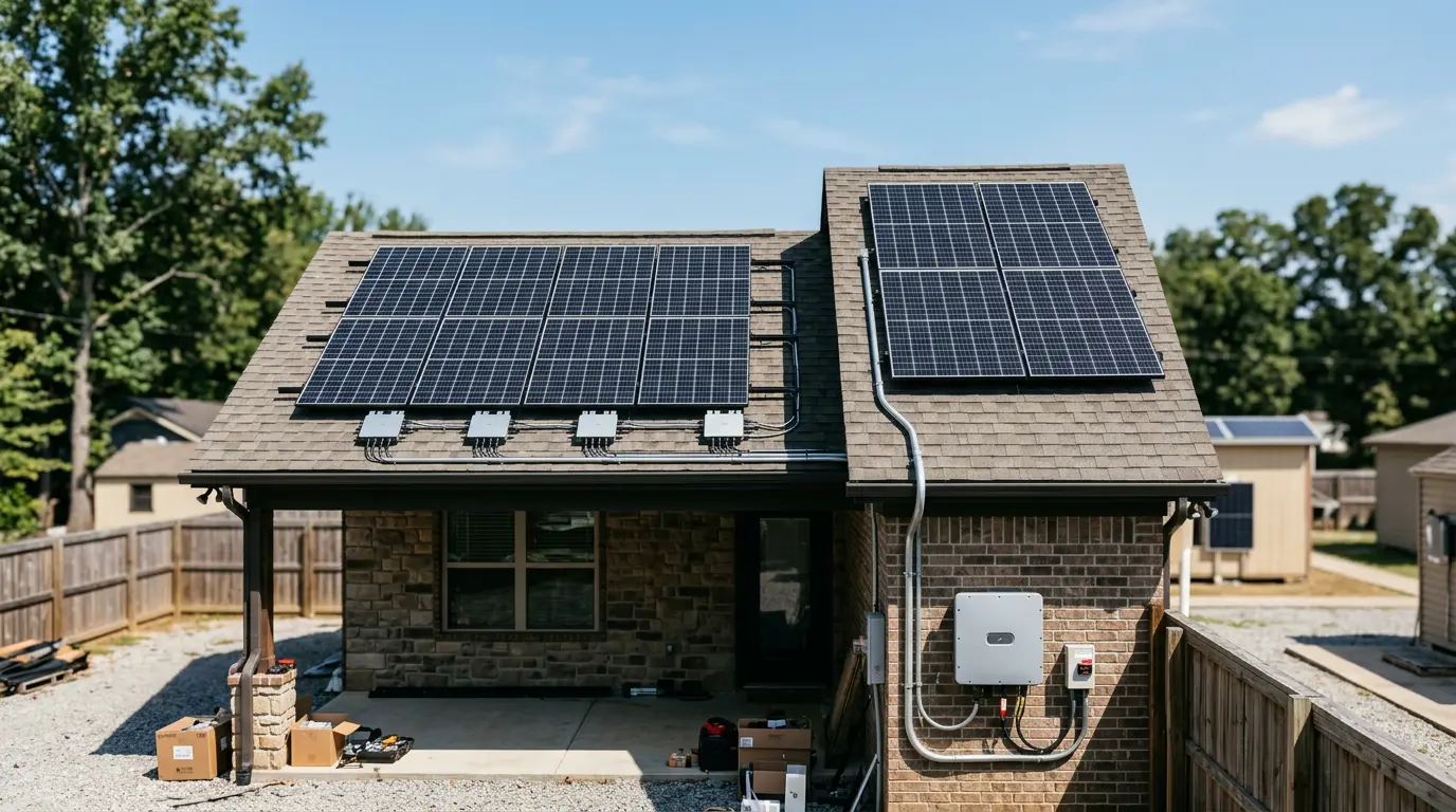 Solar panels with microinverters and string inverter on a roof