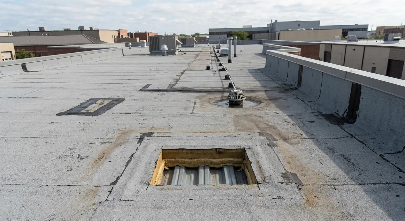 Rooftop view of aging commercial roof inspection opening showing membrane, insulation, and structural deck.