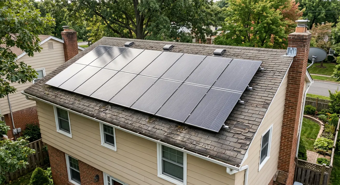 Weathered asphalt shingle roof with solar panels, showing age and condition.