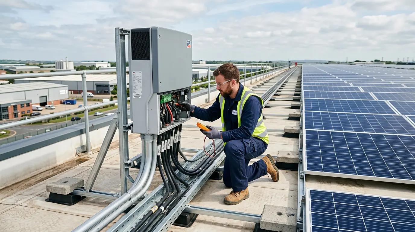 Technician inspects rooftop solar inverter on commercial building