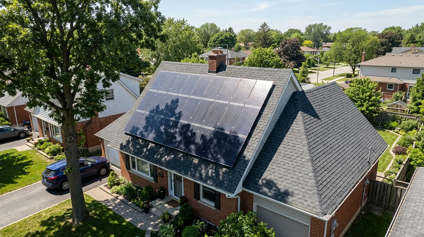 Detached suburban home with gabled roof, south-facing solar panels, and tree shadow.