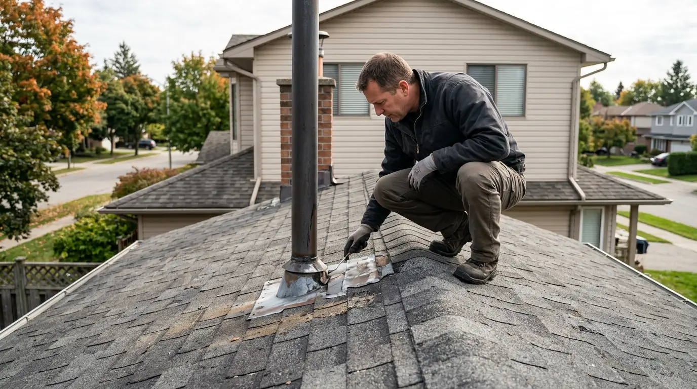 Roof inspector examines worn asphalt shingles and metal flashing around a vent pipe.