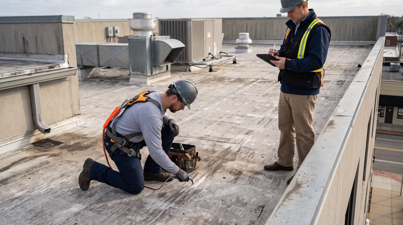 Roofing professional inspects flat roof seam, manager records decision on tablet.