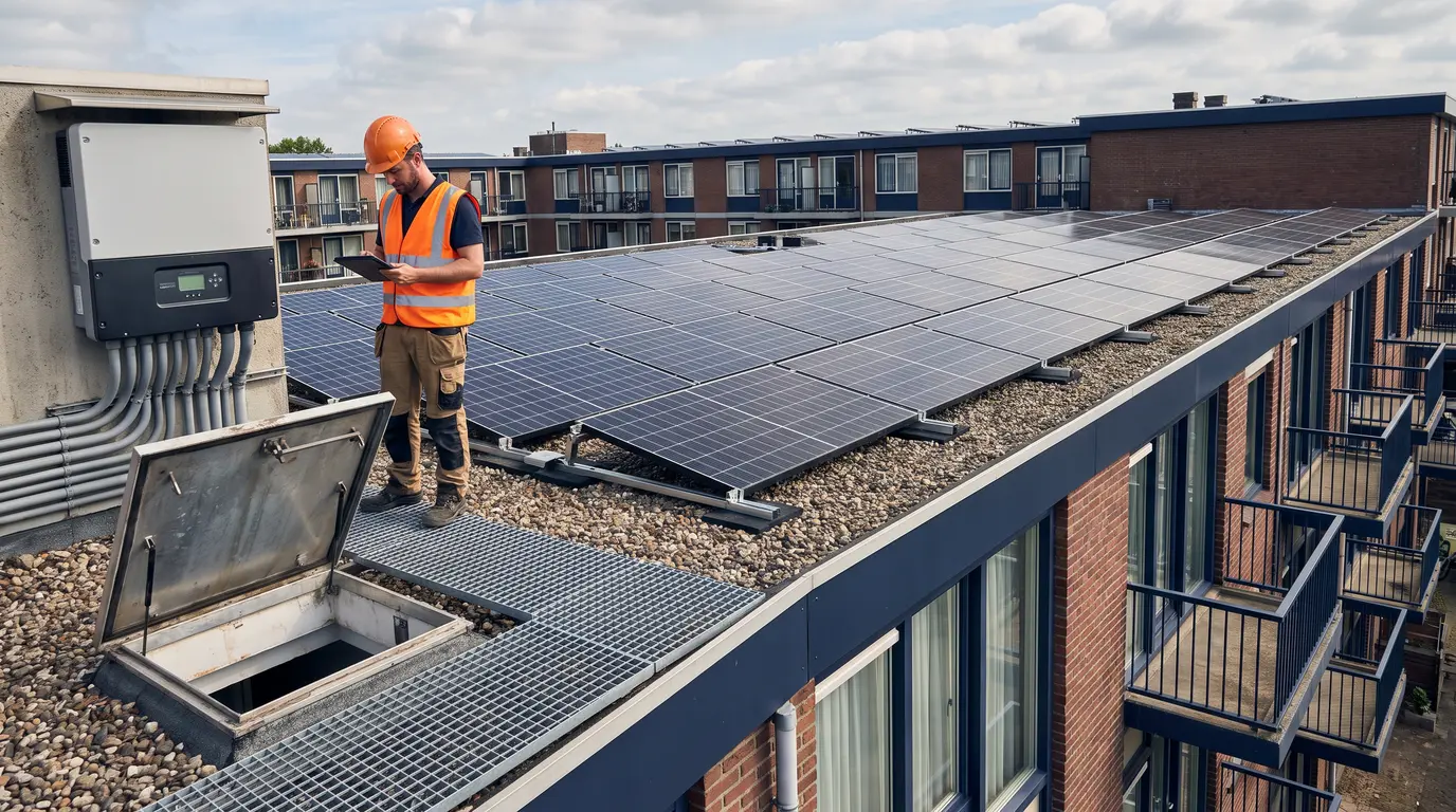 Technician inspecting solar inverter on apartment building roof