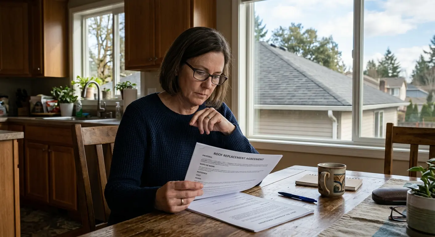 Homeowner reviews unsigned roof replacement contract with house roof visible through kitchen window.