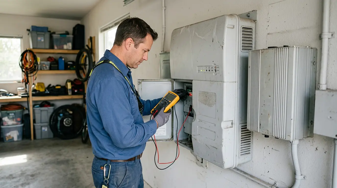 Technician inspects aging wall-mounted battery and inverter with diagnostic meter in garage.
