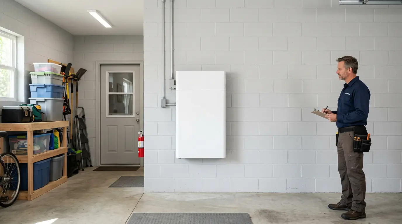 Modern residential battery mounted on garage wall with installer observing safe placement.