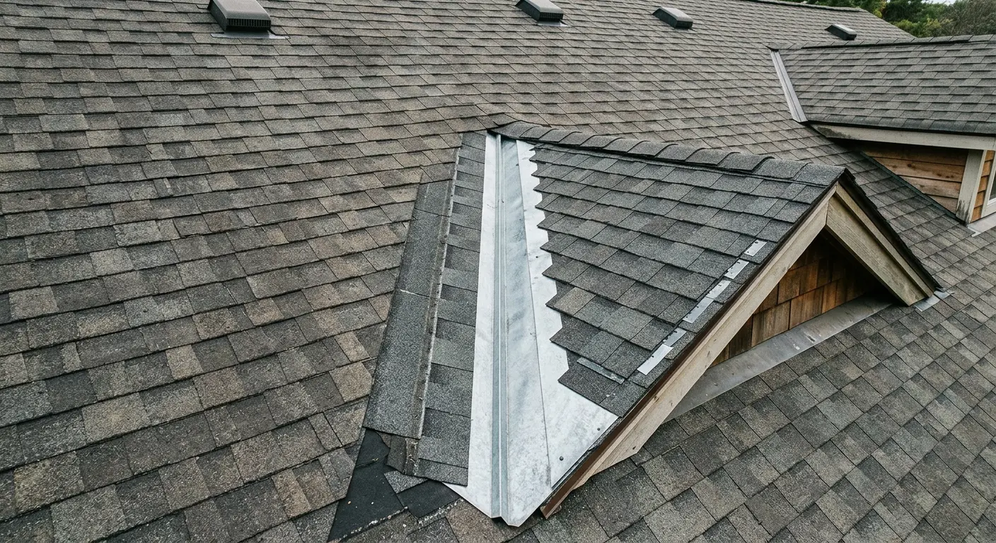 Roof valley with metal liner, flashing, and shingle contrast