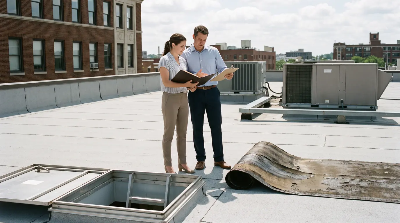 Property owner and tenant review lease documents beside damaged roof membrane