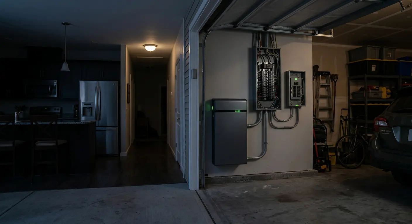 Wall-mounted battery beside panel, powered fridge and light visible through garage doorway during outage.