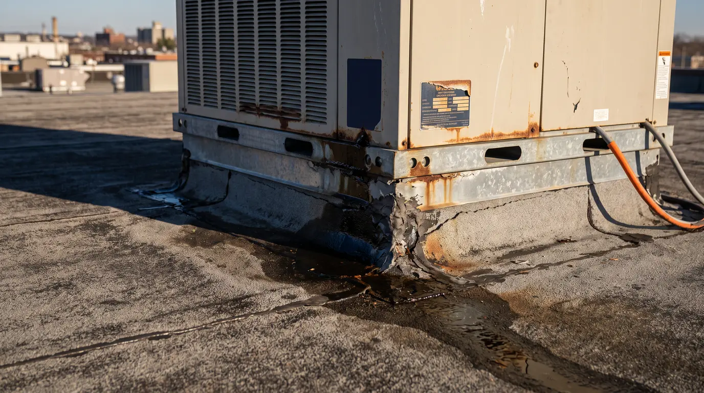 Water intrusion around deteriorated HVAC unit on commercial roof