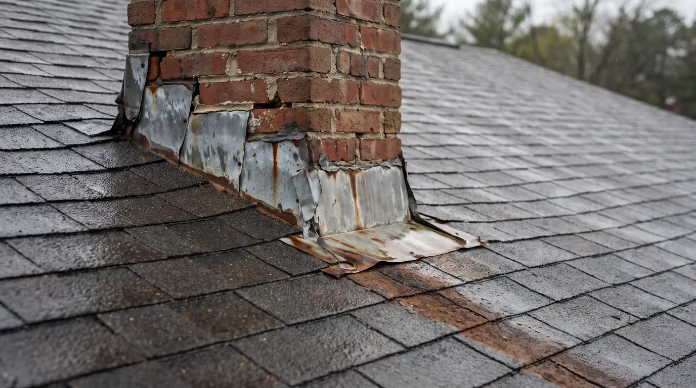 Residential brick chimney with damaged step flashing and water trail indicating roof leak.