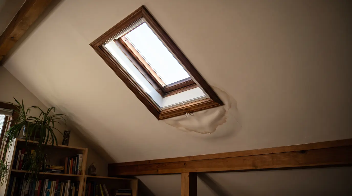 Skylight with brown water stain, moisture droplet, and softened drywall, daylight through glass.