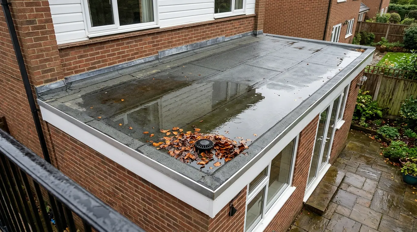 Standing rainwater pools on a low-slope roof near a drain surrounded by leaves.